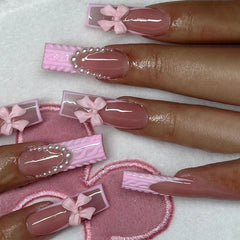 pantsparadises French Pink Press on Nails with Pearl Sweet & Charming Reusable False Nails for Shopping Traveling Dating