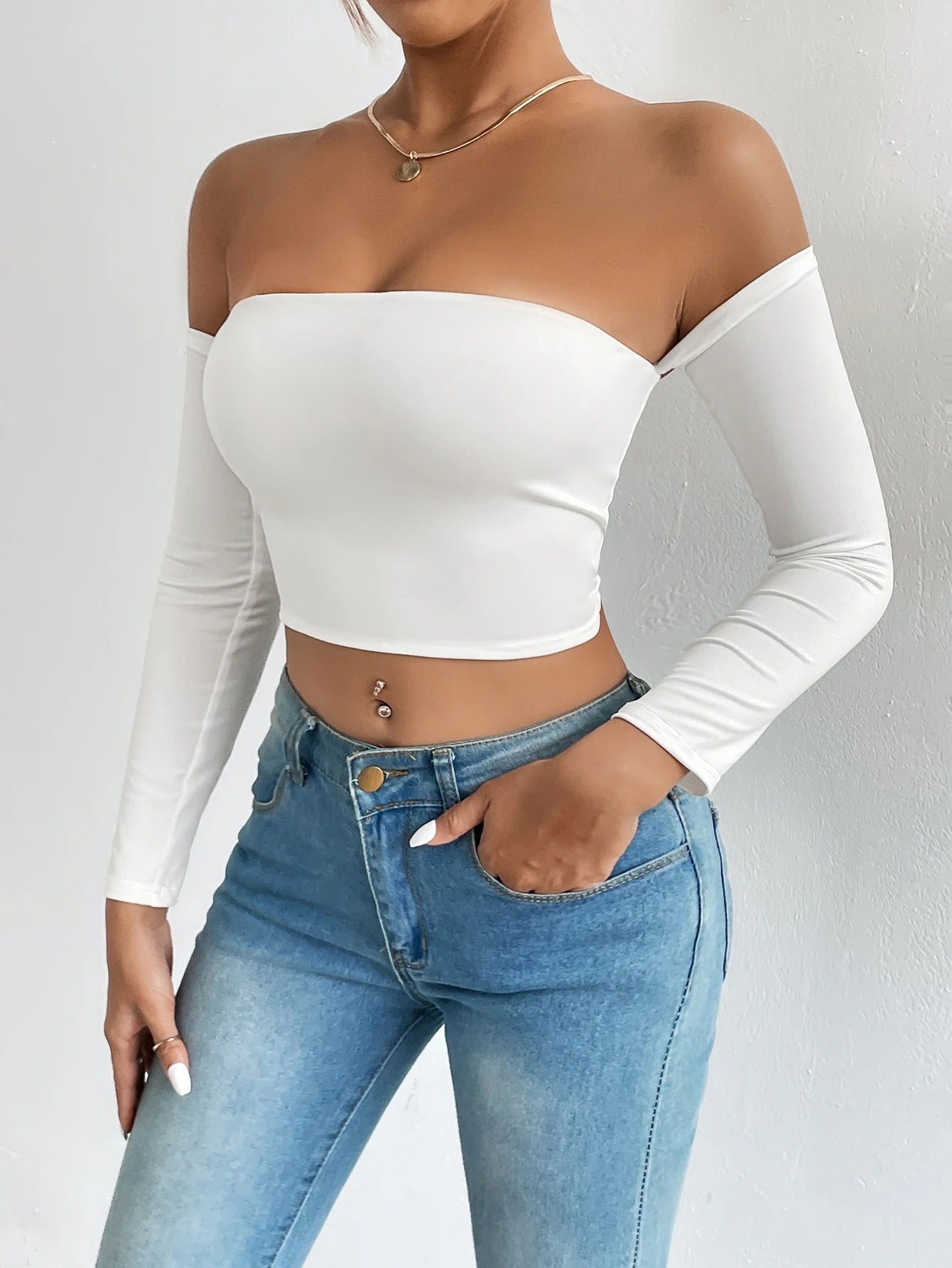 pantsparadises Off Shoulder Crop T-Shirt, Casual Long Sleeve Top For Spring & Fall, Women's Clothing