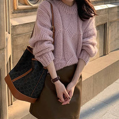 pantsparadises Women Sweaters y2k Clothes Solid Color Round Neck Long Sleeve Cable Knitted Pullover Tops 2000s Clothing Streetwear