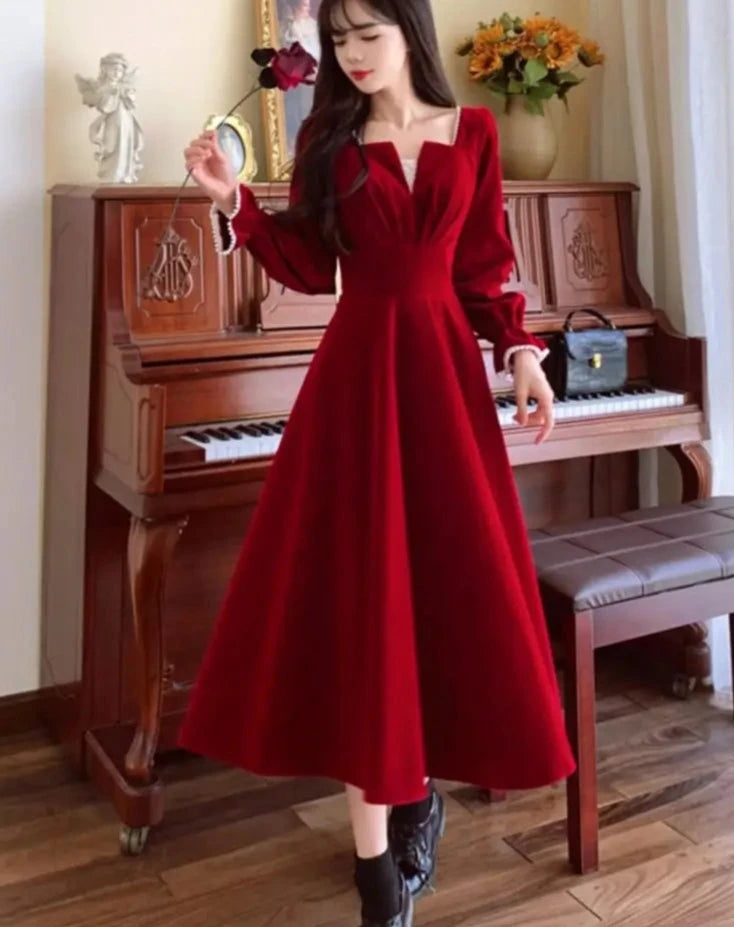 pantsparadises DRESS TO IMPRESS Women Vintage A-line Wedding Party Dress Autumn Fashion Elegant Long Sleeve Backless Red Vestidos Female Princess Robe Spring