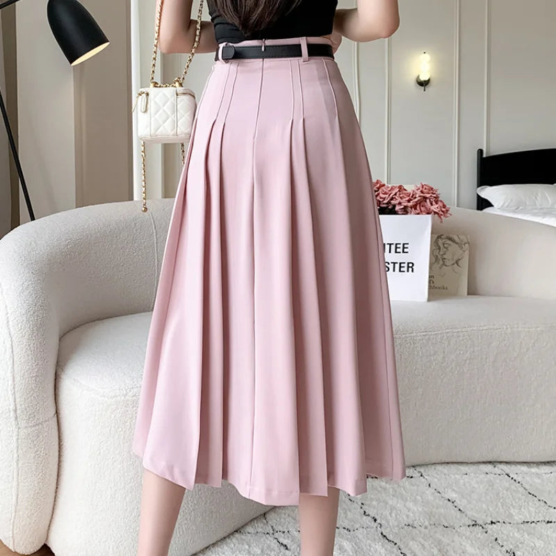 pantsparadises Spring Summer High Waist Midi Pleated Skirts Womens Fashion A-line Casual Suit Skirt Ladies Elegant Vintage Umbrella Skirt