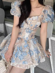 French Elegant Square Collar Print Mini Dress Women Fairy Puff Sleeve Sweet Bow Dresses Summer New Fashion Evening Party Dress