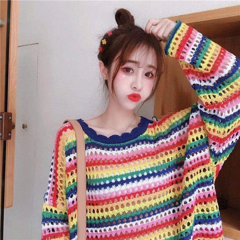 pantsparadises Rainbow Ladies Sweater Kawaii Tops with Headings Harajuku Crochet Knitted Sweaters for Women Cute Cashmere Autumn Trend New