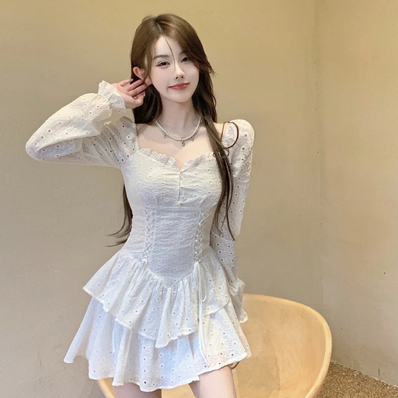 pantsparadises DRESS TO IMPRESS Spring Vintage Fairy Dress Women Sexy Korean Fashion Design Y2k Dress Female Kawaii V-neck Slim Elegant Mini Party Dresses