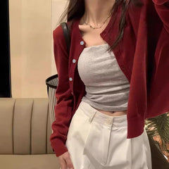 pantsparadises Red Cardigan Knit Early Autumn Women Clothes New Outdoor Crop Sweater Outerwear Long Sleeve Top Bottoming Shirt