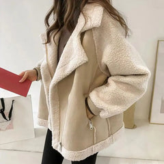 pantsparadises aspen outfits winter  Fall Winter Women Jacket Thick Heat Retention Loose Women Coat Turn-down Collar Long Sleeves Lambswool Windproof Coat