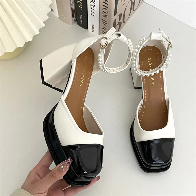 pantsparadises Women Heels Platform Shoes Mary Jane Shoes for Women 2024 Chunky Heels Buckle Strap Pumps Woman Thick Bottom Pearl Sandals