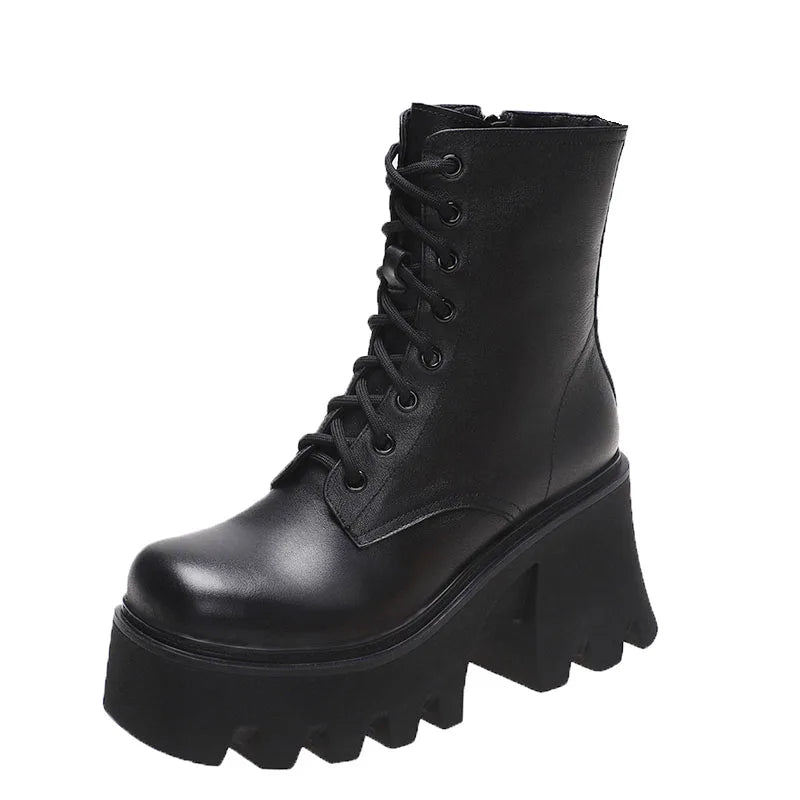 pantsparadises Punk Goth Ankle Boots Women Black Chunky Wedge Platform Shoes Woman Lace Autumn Patent Leather Footwear Lady Botas Mujer