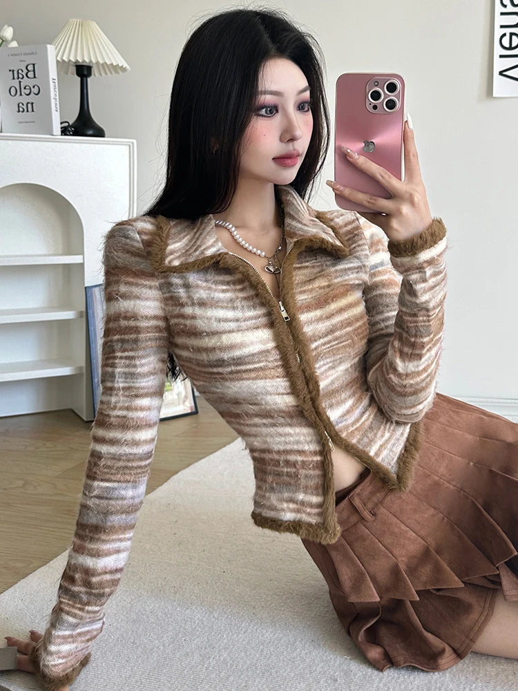 pantsparadises Striped Knit Sweater Cardigan Y2K High Street Women Autumn Turn-down Collar Zipper Sweaters Coat Female Casual Korean