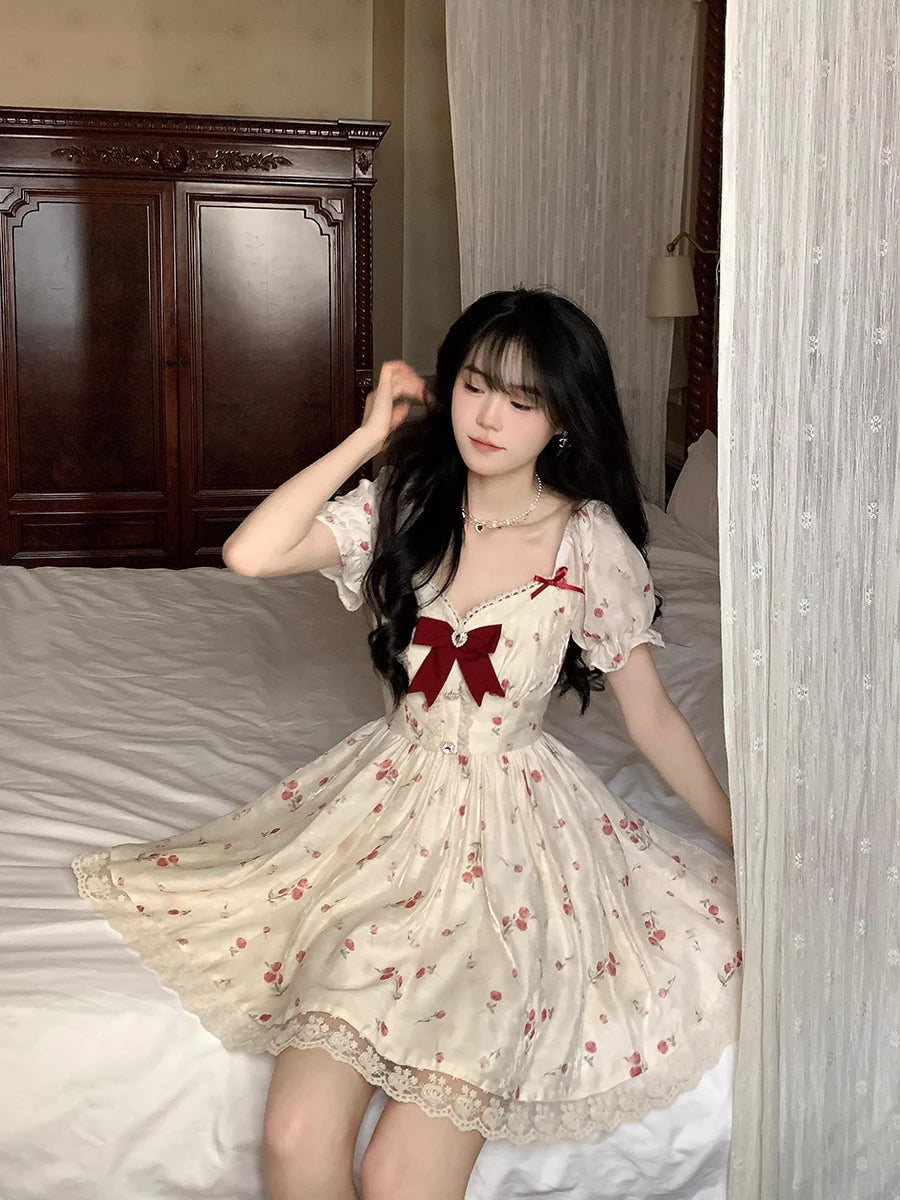 pantsparadises DRESS TO IMPRESS Coquette Lace Trim Bowknot Mini Dress Women Sweetheart Puff Sleeves Ruffle Floral Princess Lolita OP Summer Clothes