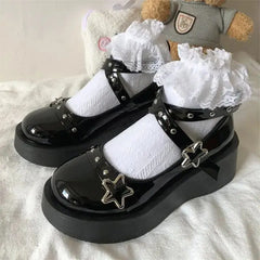 pantsparadises Shoes Lolita shoes Women heels platform mary janes Star Buckle Strap Mary Janes Women Cross-tied Girls Rivet Casual kawaii shoes