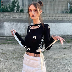 pantsparadises Bow Bandage Hollow Out T-Shirt Women Sexy Long Sleeve Crop Tops y2k Aesthetic Coquette Slim T Shirts Korean Fashion