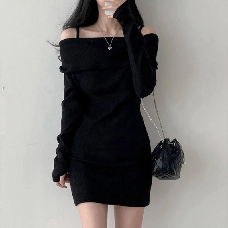 pantsparadises FALL OUTFITS Y2K Women Knitted Mini Dress Korean Sexy Off Shoulder Female Dress Spring New Spaghetti Strap Long Sleeve Ladies Vestidos