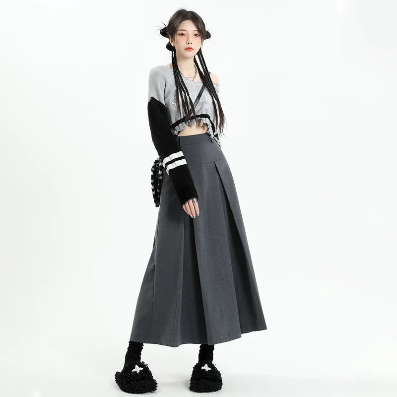 pantsparadises Vintage Grey Suit A-line Skirt Women's Spring Autumn College Style High Waist Pleated Mid Length Skirt Femal