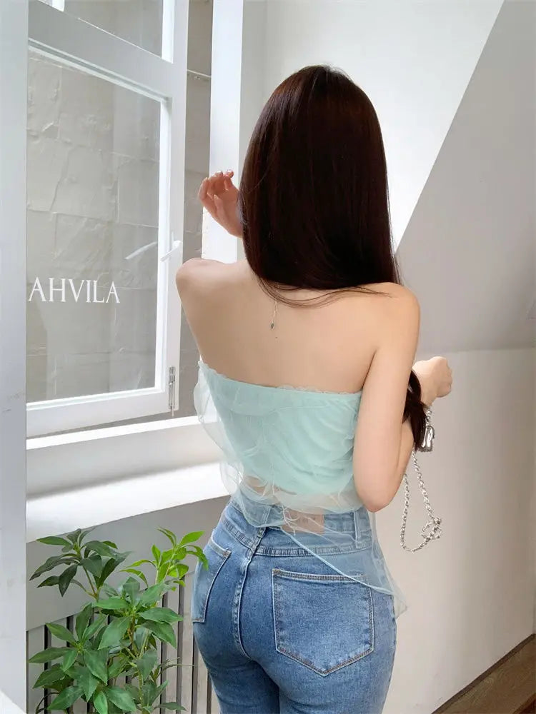 pantsparadises Women Gauze Sweet Girl Strapless Korean Style New Crop Tops Ins Summer Slim Fashion Sexy Hot Lady Fit Club Wear Aesthetics