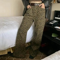 Leopard Flare Jeans Women Denim Pants Female Y2K Bootcut Trousers Streetwear Hip Hop Vintage Casual Bell Bottoms