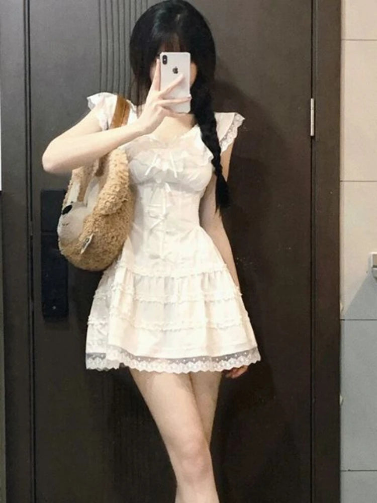 pantsparadises Y2k Coquette White Lolita Sweet White Kwaii Cute Mini Dress Women Lace Bow Princess Slip Lace Short Dresses 2024 Fashion