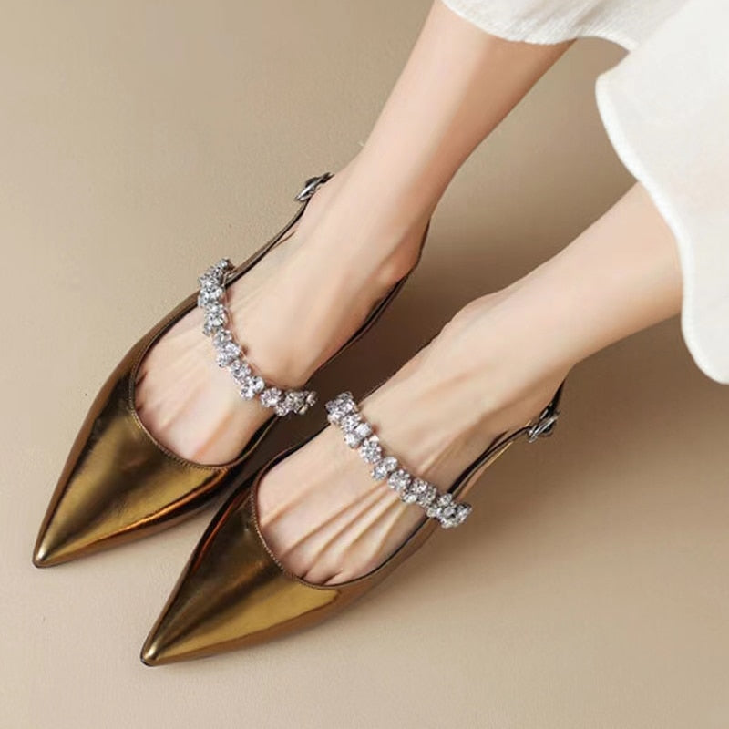 pantsparadises Gold Silver Low Heels Sandals Women Summer Shiny Crystal Straps Pointed Toe Sandals Woman Slingbacks Pumps Ladies Shoes