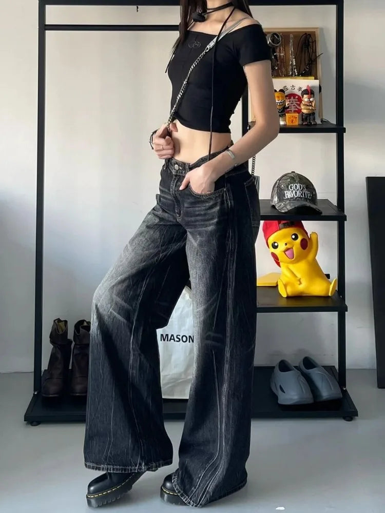 pantsparadises Grunge Y2k Black Jeans Women Baggy Vintage High Street Oversized Denim Trousers Gothic Gyaru 2000s Acubi Fashion Jeans