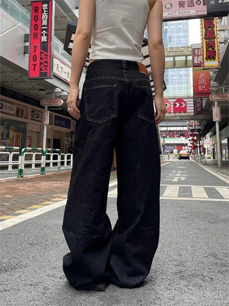 pantsparadises Grunge Black Jeans Women Y2k Vintage Oversized High Street Wide Cargo Denim Trousers Casual Baggy Straight Denim Pants