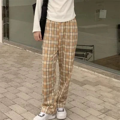 pantsparadises Fashion Warm Plush Pants Cashmere Thick Plaid Ladies Winter Casual Loose Wide-legged Pants Korean Streetwear Students