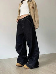 pantsparadises Grunge Black Jeans Women Y2k Vintage Oversized High Street Wide Cargo Denim Trousers Casual Baggy Straight Denim Pants