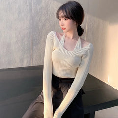 pantsparadises Womens Korean version Long Sleeve Sweater Off Shoulder Sexy Knitted Pullover Jumper Sweaters Knit Sweater Casual Loose Blouse