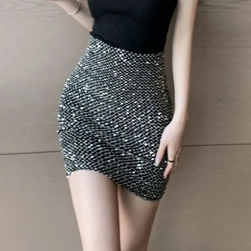 pantsparadises Women's Stylish Sexy Short Skirts Sequin Hip Elasticity High Waist Korean Style Fashion Wrap Tight Mini Skirt for Women Elegant