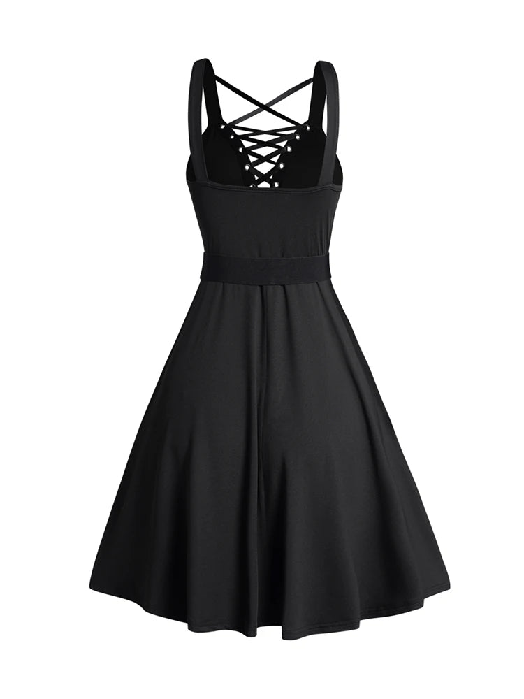 pantsparadises Gothic Dress Lace Up Buckle Strap Crisscross Plunging Neck High Waisted A Line Mini Dress 2024 Women Summer Black Dress Vestidos