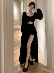 pantsparadises holiday dress Long Sleeve Dresses Women Clothes Gown Sexy Side-slit Solid Maxi Vestidos Mujer Chic Autumn French Streetwear Unique Design New