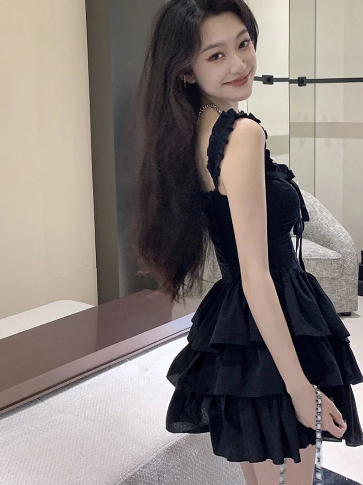 pantsparadises Sexy Slip Lolita Style Black Dress Women Vintage Sleeveless Y2K Mini Dress Summer Slim Sweet Korean Lace Up Cake Dress New