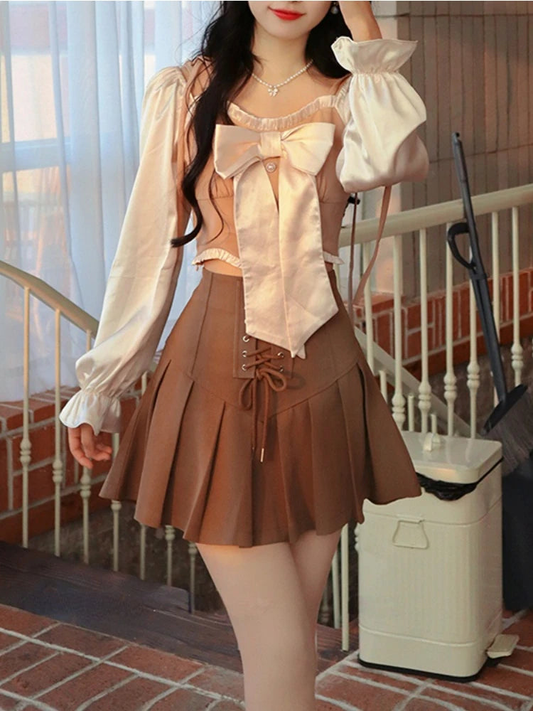 pantsparadises DRESS TO IMPRESS Korean Style Fairy Two Piece Set Women France Vintage Blouse + Bandage Mini Skirt Female Sweet Elegant Party Mini Skirt Set