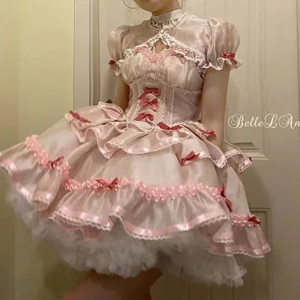 pantsparadises Sweet Lolita Princess Dress Women Sweet Bow Ruffles Evening Party Mini Dress Japanese Harajuku Retro Kawaii Y2k Vestidos