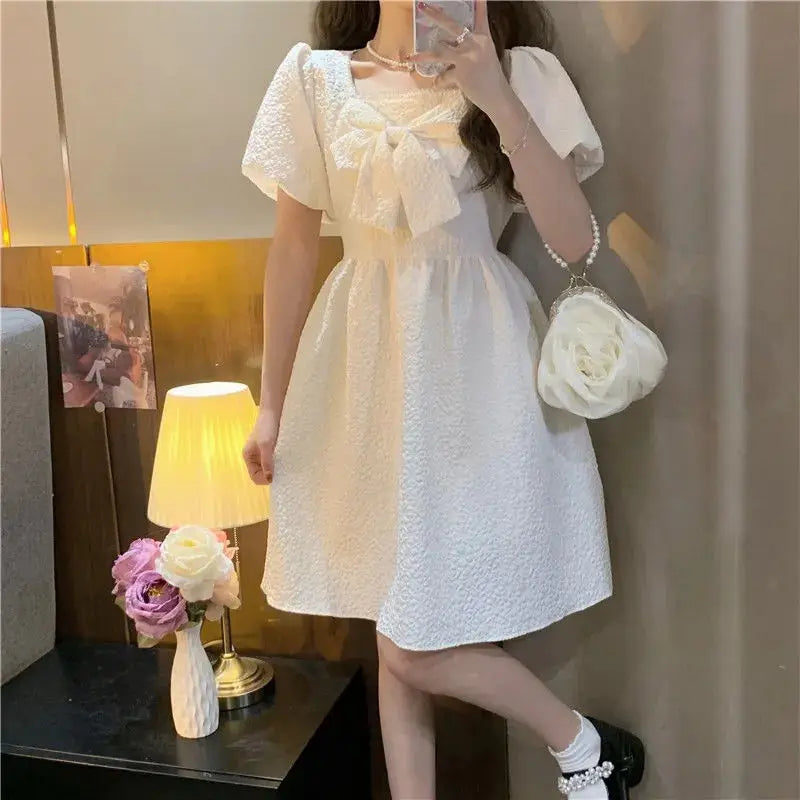 pantsparadises DRESS TO IMPRESS Casual Puff Sleeve Fairy Dress White Women's Dresses High Quality Cute Kawaii Fashion Preppy Loose Y2k Fairy Grunge Baby Doll