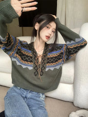 pantsparadises Vintage Sweaters Women Lace-up Elegant Cozy V-neck Trendy Ladies BF Style Pullovers Ulzzang Knitwear Classic High Street Autumn