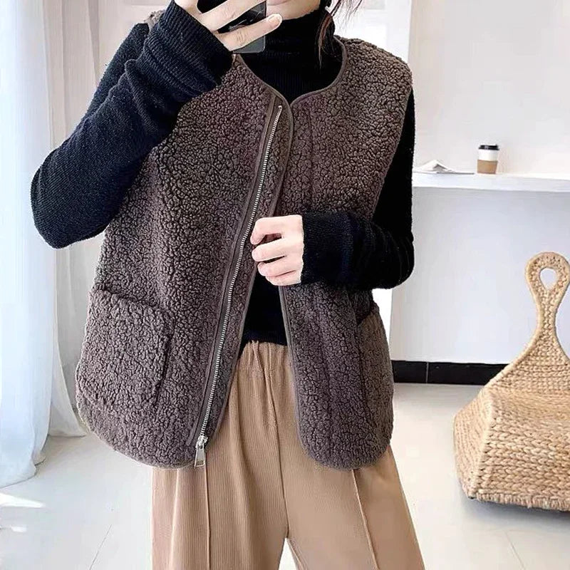 pantsparadises casual winter outfits Women Warm Faux Lamb Fur Sleeveless Coat With Pockets Zipper Casual Cardigan traf Jackets Office Coat Vest Winter Autumn