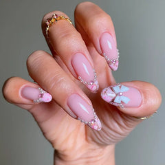 24Pcs Pink Almond False Nails Butterfly Pearl with Rhinestones French Design Wearable Fake Nails Simple Press on Nails Tips Art