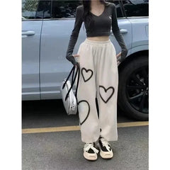 pantsparadises White Heart Leggings Sports Pants for Women Autumn New Loose Bf Lazy Casual Pants Simple Sport Pants