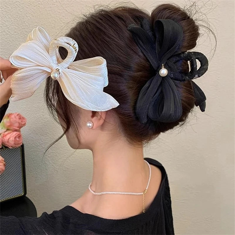 New Vintage Black White Bow Hair Claw Clips Women Large Fashion Korean Bowknot Hairpins Crab Ponytails Hair Accessories Female