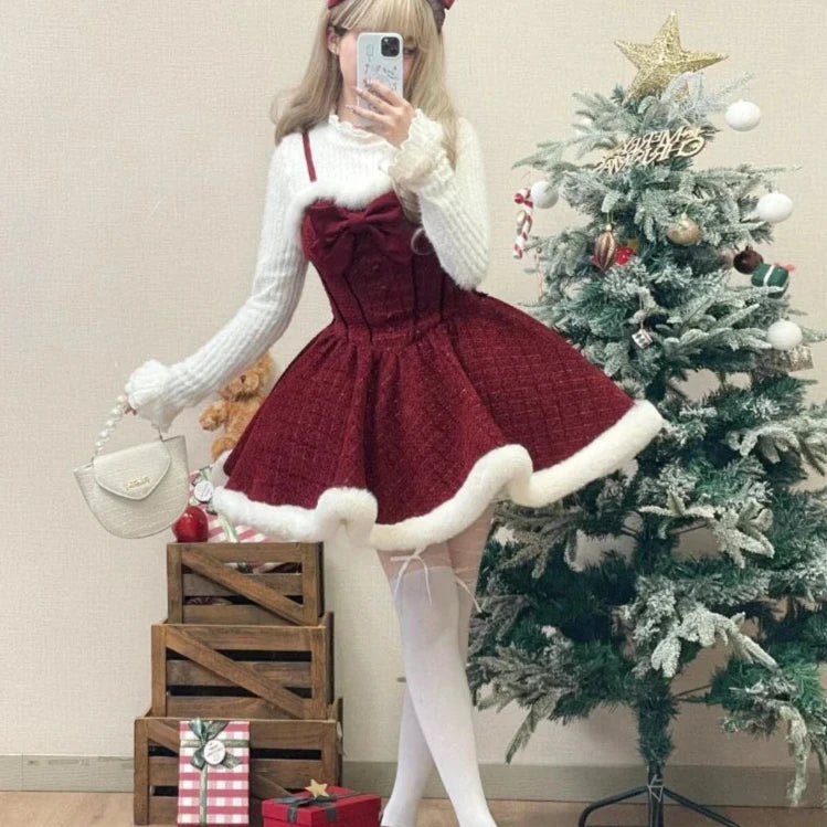 pantsparadises Christmas Outfits Sweet Lolita Style Dress Sets Women Elegant Bow Plush Shawl Short Jackets Mini Skirts Suit Kawaii Christmas New Year 3 Piece Set