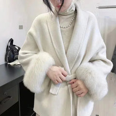 pantsparadises Winter New Women Double-sided Wool Lace-up Coat Cuffs Removable Fox Fur High Quality Double-sided Cashmere Woolen Coat Female