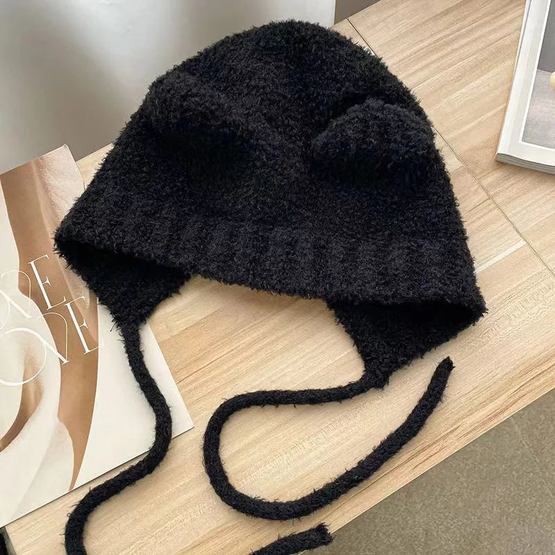 pantsparadises Cute Girl Knit Ear Protection Hat Bear Women Earmuffs Cap Woolen Crochet Bonnet Solid Color Hood Beanies Winter Warm Headgear