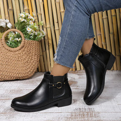 pantsparadises Pu Leather Classics Black Thick Heel Ankle Boots Metal Zipper Low Platform Woman Shoes Winter Round Toe Slip On Short Boots