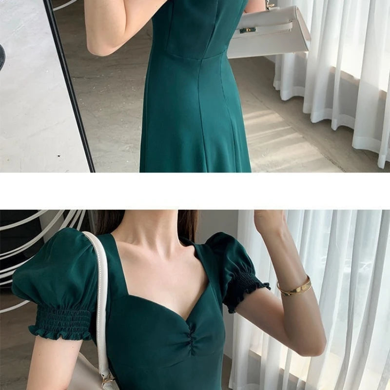 pantsparadises Solid Puff Short-Sleeved Elegant Dress Women Clothing Wedding Guest New Year Women Fashion High Waist Slim Evening Party Dresses