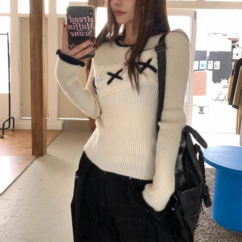 pantsparadises Korean Style Elegant Sweaters Sweet Vintage Long Sleeve Knitted Pullover Autumn Winter Patchwork Sweaters Aesthetics