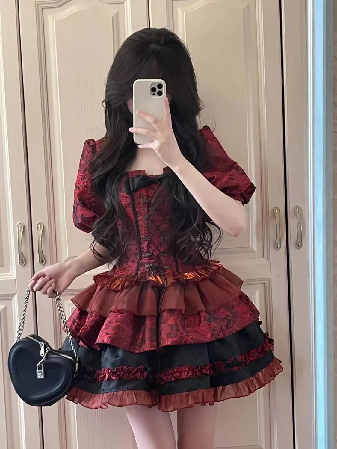 pantsparadises DRESS TO IMPRESS Women's Victorian Gothic Lolita Lace Bow Slim Bandage Princess Dress, Japanese Harajuku Punk Style, Evening Party Red Dresses