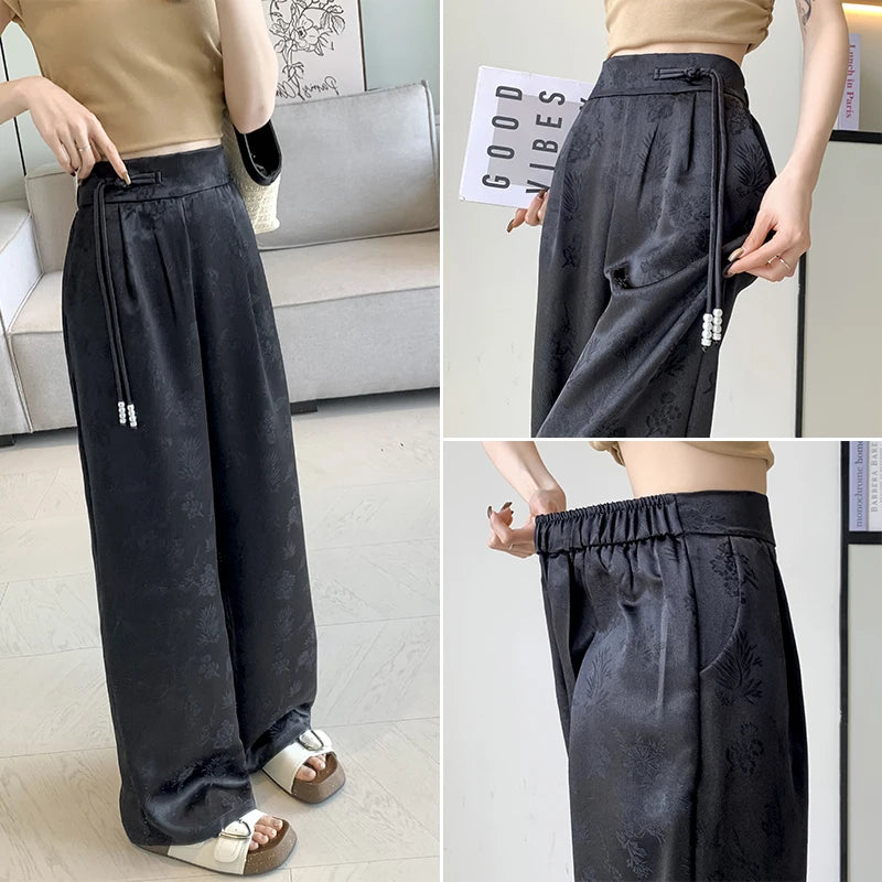 pantsparadises New 2024 Spring Summer Wide Leg Loose Pants For Women Black Or White Color Chinese Style High Waist Jacquard Trousers Women