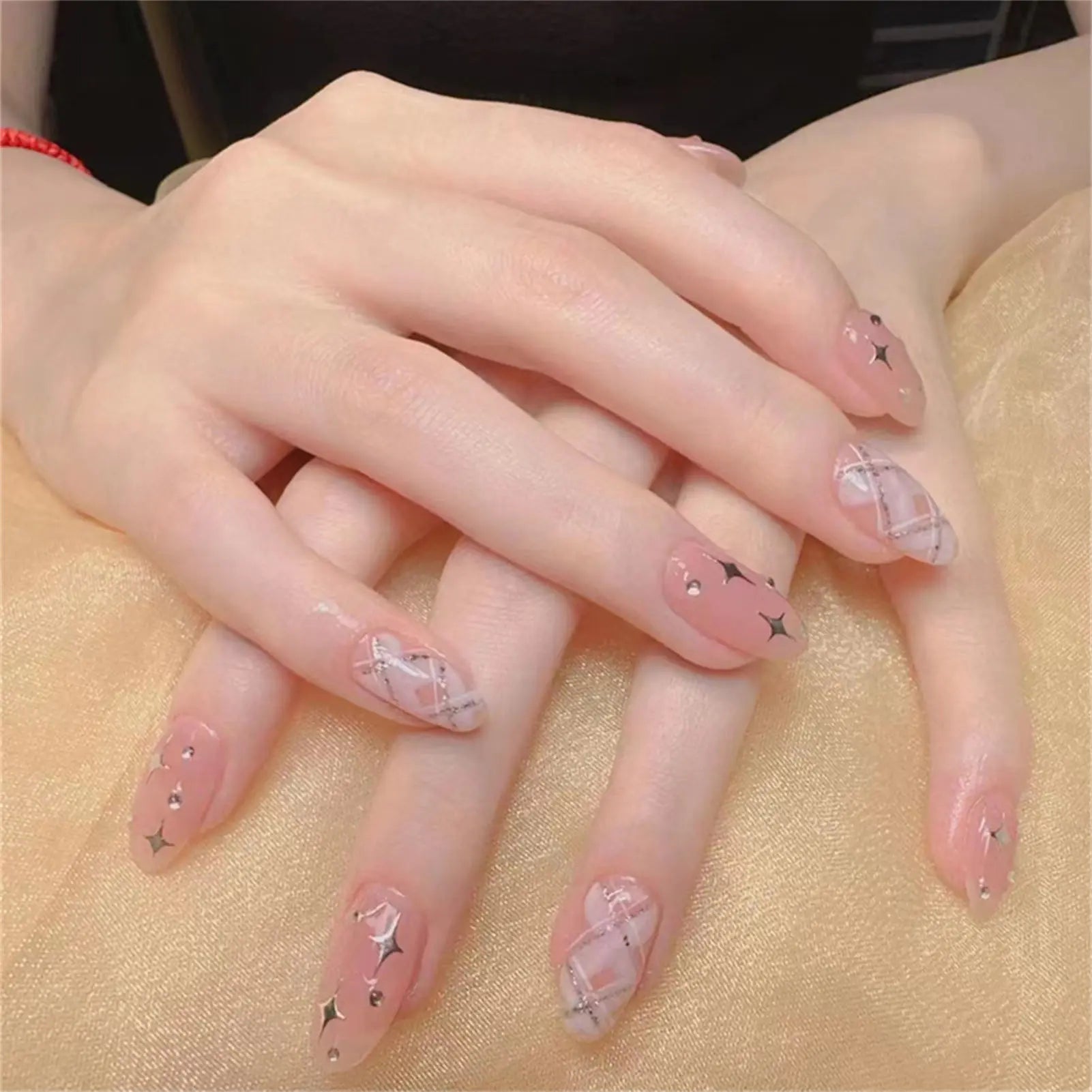 pantsparadises Medium Length Fake Nails 3D Flower Pearl Designs Nude Pink Color Press on Nails Ballerina False Nails for Women DIY Manicure