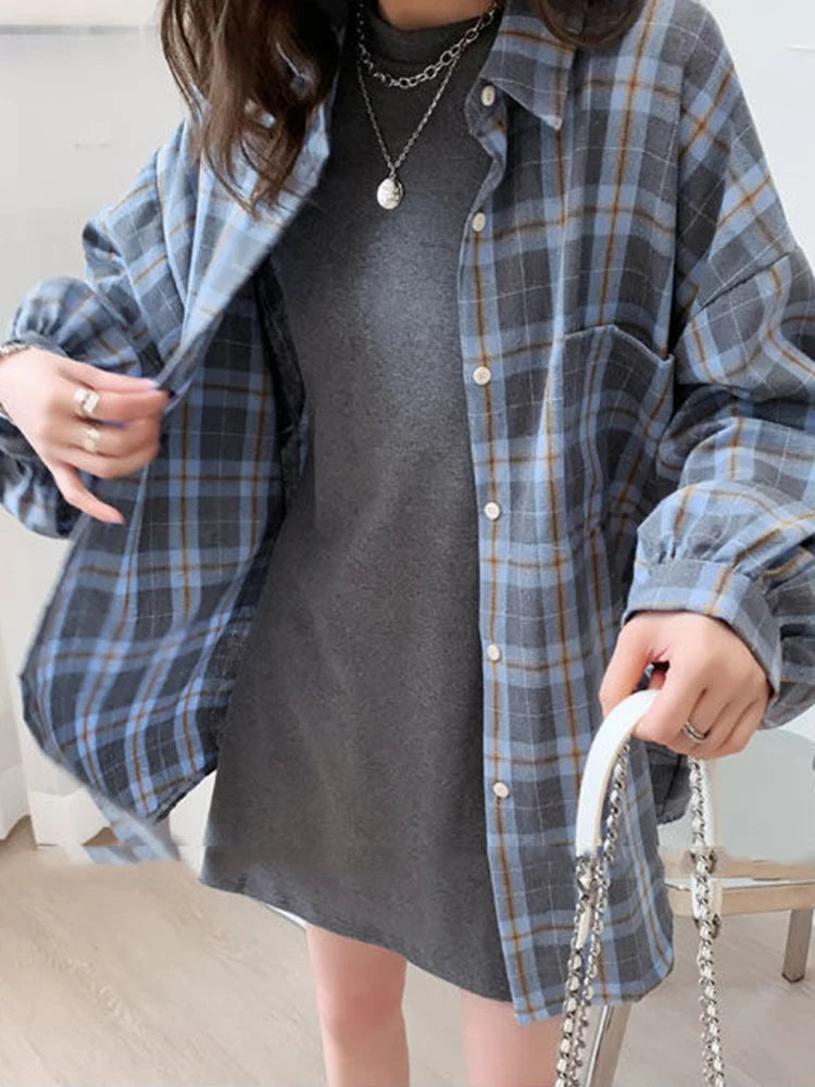 pantsparadises Fashion Plaid Women Shirt Fashion Korean Oversize Tops Harajuku Daily All-match Long Sleeve Chic Female Yellow Shirts New