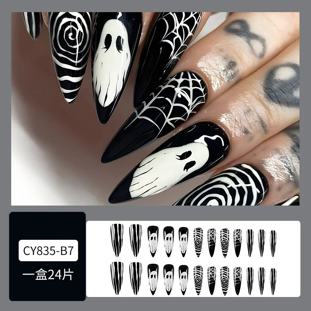 pantsparadises Halloween Nails 24pcs Black Cool False Nails with Ghost Spider Web Pattern Decor Almond Fake Nail Tips Wearable Halloween Party Press on Nails